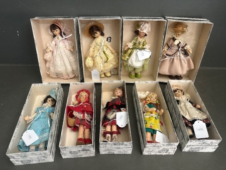 Large Collection of 9 Different Costumed Dolls from Old Cottage Toys