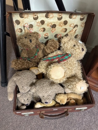Collection of Teddy Bears in Vintage Suitcase