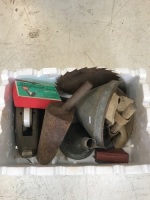 Box Lot of Shed Bits, inc. Saw Blade, Scoop, Hair Trimmers etc.