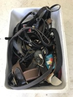 Box Lot of Leather Belts & Tack