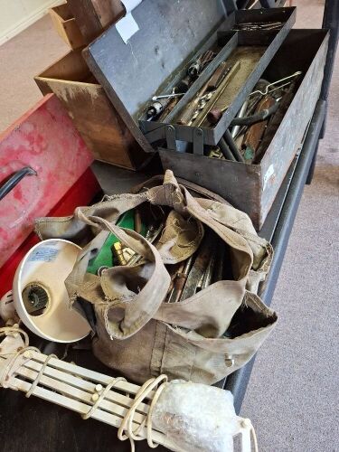 Metal tool box and canvas bag containing miscellaneous tools