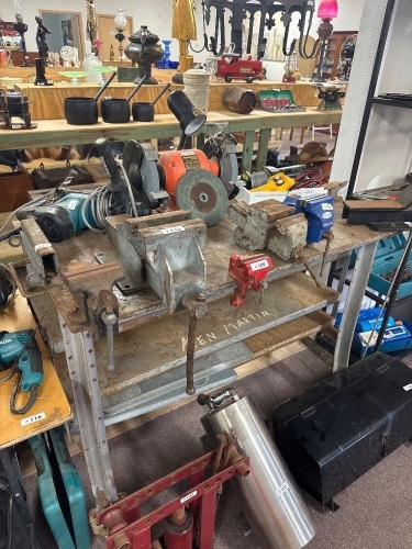 Steel workshop bench on casters with 2 vices and small anvil - 1200 x 690 x 970(H)