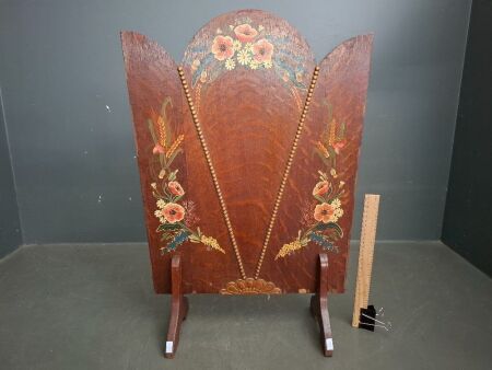 Antique Hand Painted Floral Wooden Fireplace Screen