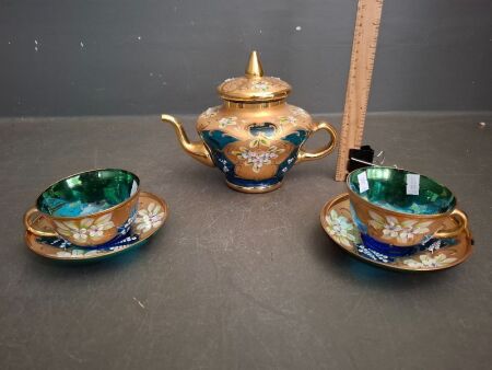 Stunning Bohemian Enamel Glass Tea Pot and 2 x Cups and Saucers