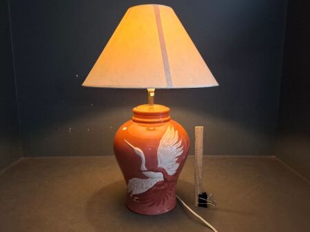Mid Century Red with Crane Birds Ceramic Table Lamp with Cream Shade - Made in Italy