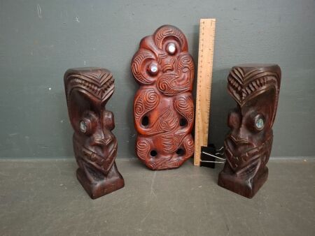 3x Wooden Hand Carved Tikis