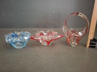 Art Glass Basket Red Trim, Glass Butterfly Ash Tray Bowl & Flower Shaped Ashtray with Blue Trim