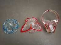 Art Glass Basket Red Trim, Glass Butterfly Ash Tray Bowl & Flower Shaped Ashtray with Blue Trim - 3