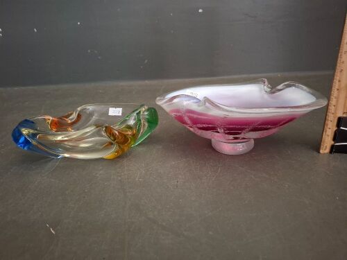 Chribska Czechoslovakia Glass Spider Bowl model 346/5/22 red, pink & white with Sklana Mstisov Rhapsody glass Ash Tray Amber, Blue & Green