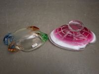 Chribska Czechoslovakia Glass Spider Bowl model 346/5/22 red, pink & white with Sklana Mstisov Rhapsody glass Ash Tray Amber, Blue & Green - 3