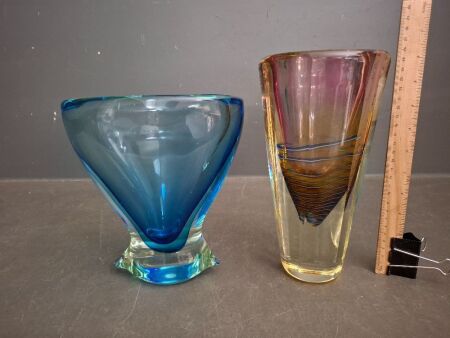 Large Heavy Sommerson Blue Vase & Large Heavy Cut Side Crimson with Blue Spiral Vase