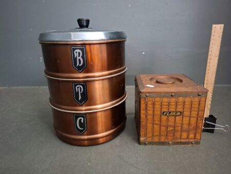 Set 4 Hand Crafted Wood & Brass Food Canisters with Mid Century Anodised Aluminium Canister Set