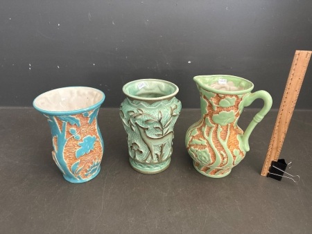 3x Vintage Art Deco Blue and Green Embossed Vases
