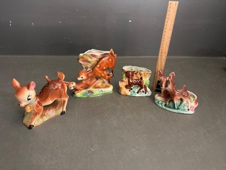 4x Vintage Glazed Ceramic Bambi Figurines