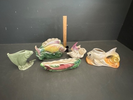 5x Colourful Pottery Fish Vases