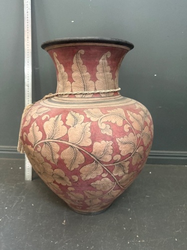 Large Red and Cream Pottery Vase with Rope Decoration