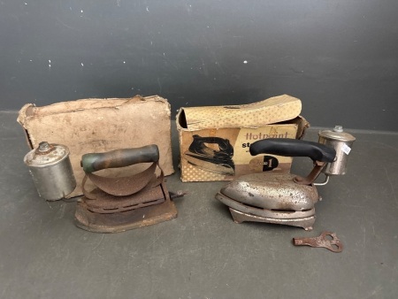 Antique Royal Self Heating Sad Iron IOB & Hotpoint Steam Iron with key