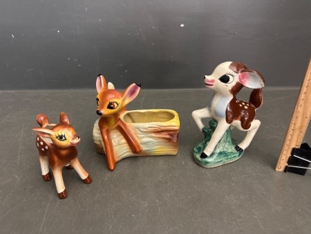 3x Vintage Glazed Ceramic Bambi Figurines