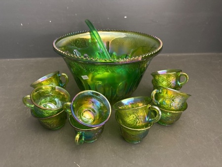 Vintage Green Carnival Glass Punch Bowl Set - Incs 12 Cups