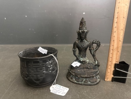 Bronze Deity Figure & Chinese Pewter on Pottery pot C. 1890