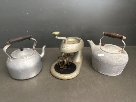 2 Vintage Kettles with Antique Wonda Mixer