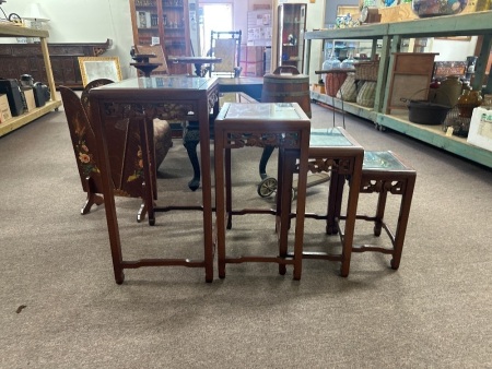 3x Mid Century Wooden with Carved Detail and Glass Top Nesting Tables
