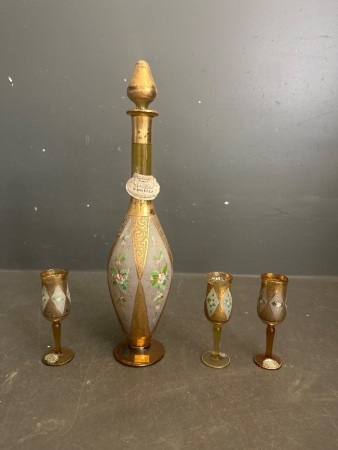 Vintage Bischoff Italy Venetian Hand Painted with 18k Gold Decanter Set