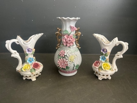 2x Vintage Porcelain Floral Pitchers + 1x Capodimonte Chinese Porcelain Floral Vase