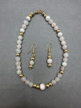 Flower Agate and Rose Quartz Earring and Bracelet Set