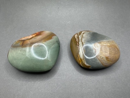 2x Polychrome Jasper Carved Stone Hearts