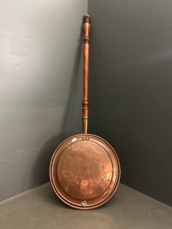 Antique Cooper Bed Warming Pan with Wooden Handle