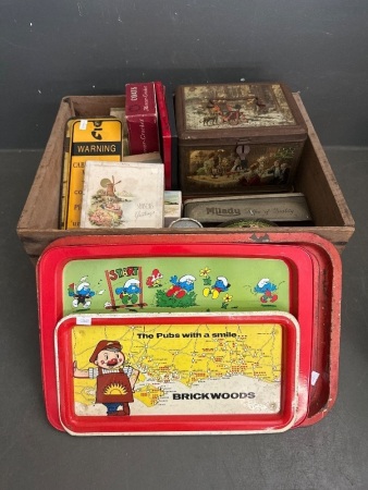 Large Lot of Vintage Tins and Mid-Century Serving Trays