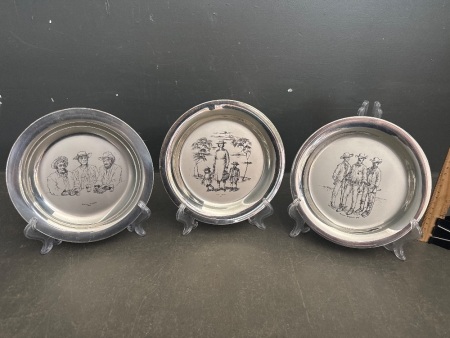 Three Russell Drysdale Etched Sterling Silver Plates 1976, 1974 & 1975 - Hallmarked - No 0259