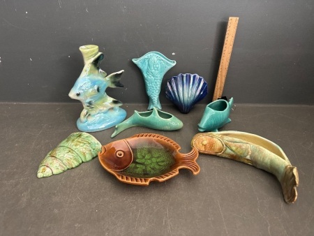 Lot of Blue and Green Ceramic Fish and Shell Vases + Dishes