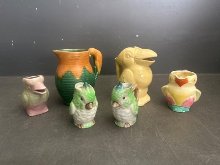 Lot of Mid Century Jugs - Incs 5x Bird Jugs + 1x Green Jug