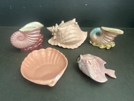 Lot of Pink and Iridescent Fish and Shell Vases + Dishes