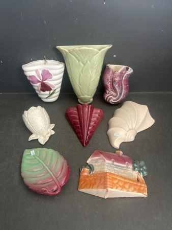 Large Lot of Floral and Shell Themed Wall Vases