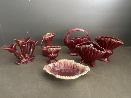 Large Lot of Vintage Maroon Pottery Pieces