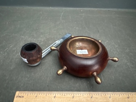 Vintage Falcon Pipe and Ship Wheel Wood/Brass Tobacco Dish