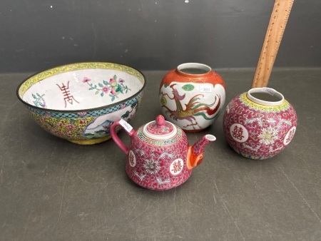Asian Lot inc Teapot, 2x Ginger Jars (no lids), and Enamelled Bowl