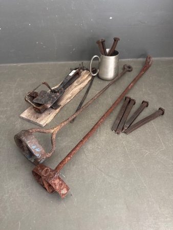 Vintage Lot inc. Mounted Rabbit Trap, Branding Irons, and Railway Spikes
