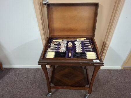 Boxed Oxford (Sheffield) Stainless Steel Cutlery set on Wooden Stand with Casters