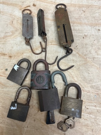 5 Vintage Brass Padlocks (2 with keys) + 3 Hanging Spring Scales