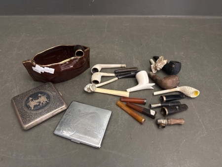 Vintage Smoking Pipes with 2 Cigarette Cases