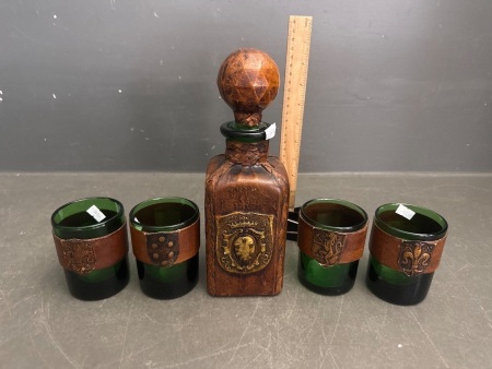 Vintage Italian Hand Tooled Leather Decanter with 4 Green Glass Leather Bound Goblets