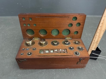 Vintage Boxed Scientific Scale Weights - Brass - In Wooden Box
