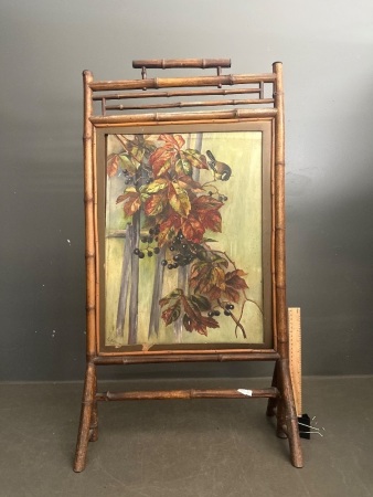 Antique Hand-painted Screen signed L Sutherland 1915 in Bamboo Frame