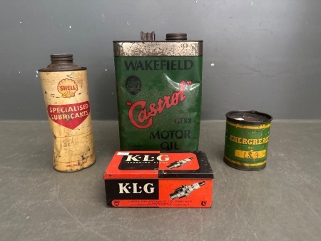 Wakefield Castrol Oil Can, KLG Tin, Shell Lubricant & Energrease Tin