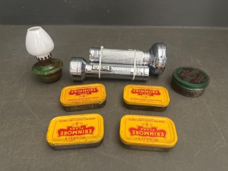 Pair Vintage Working Torches, Mini Kerosene Lamp & Tobacco Tins