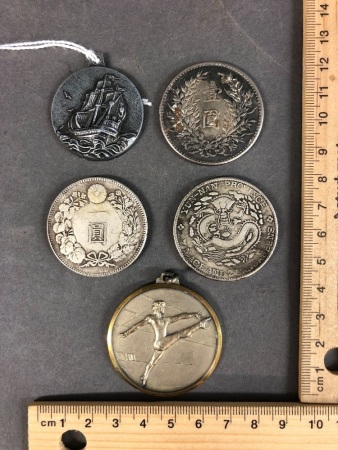 3 Vintage Chinese/Japanese Coins + 2 Medallions